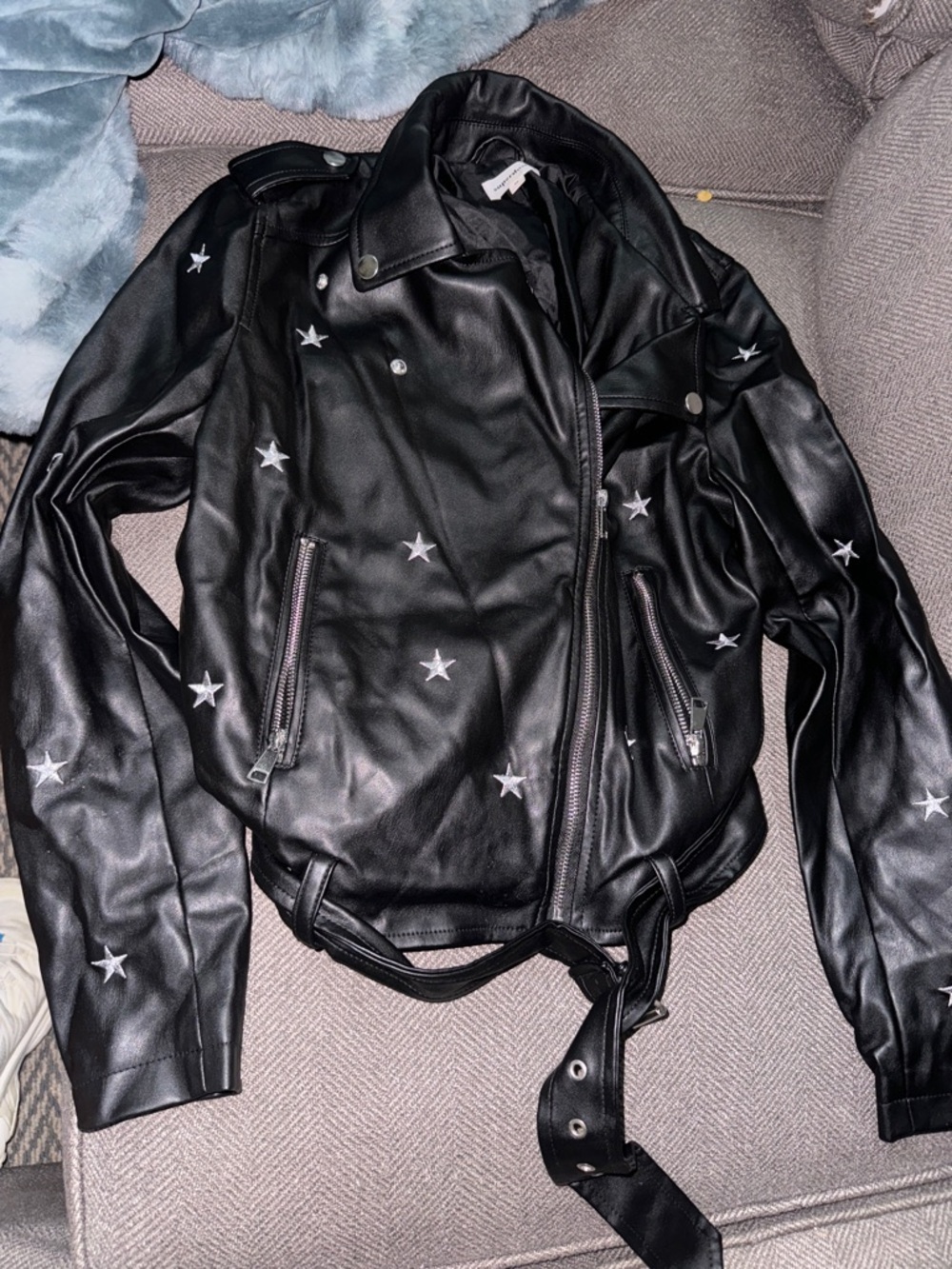 superdown Black Star-Embroidered Faux Leather Moto Jacket